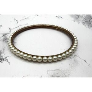 Classic Faux Pearl Bangle Bracelet Gold Tone 4mm Pearl Row Elegant
